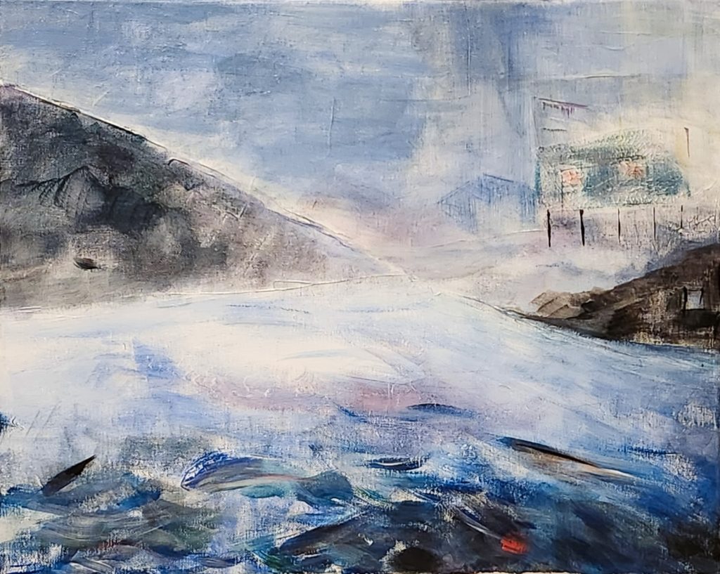 Balade Nocturne sur la rivière , 2024 Acrylique sur toile,40x50cm